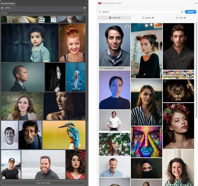 ︎On the left, the CEP panel version of Free Stock Search in Photoshop. On the right, the UXP panel in Adobe XD.