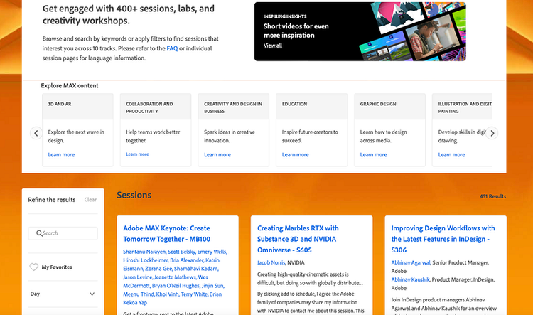 ︎An overview of all available MAX event sessions, using a content type tag to only show event sessions. The card collection component features a sidebar with additional client-side filtering capabilities