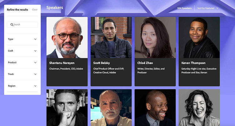 ︎An overview of all event session speakers, filtered by a separate speaker content-type. Clientside filtering capabilities enabled on component level