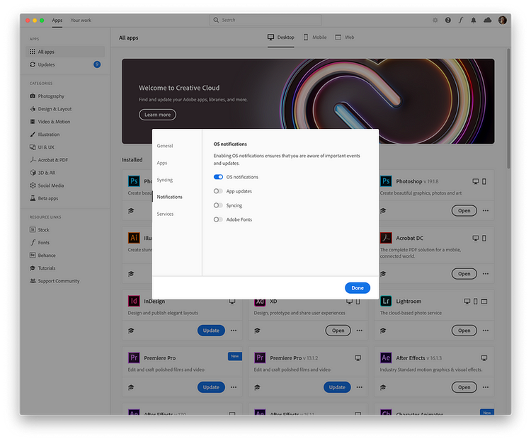 ︎Click the gear symbol on the upper right to adjust your notification settings in the Creative Cloud Desktop app.