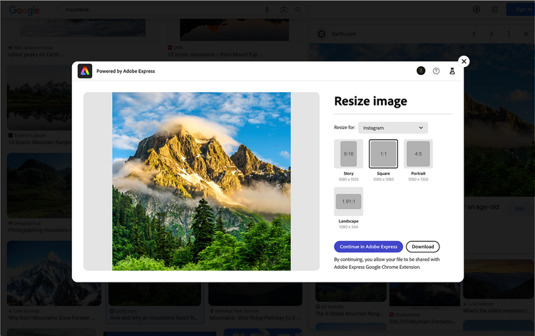 Resize an image using the Adobe Express Google Chrome extension