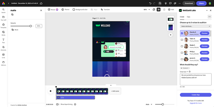 ︎WellSaid Labs’ Adobe Express add-on enables users to add lifelike AI voiceovers to their design projects