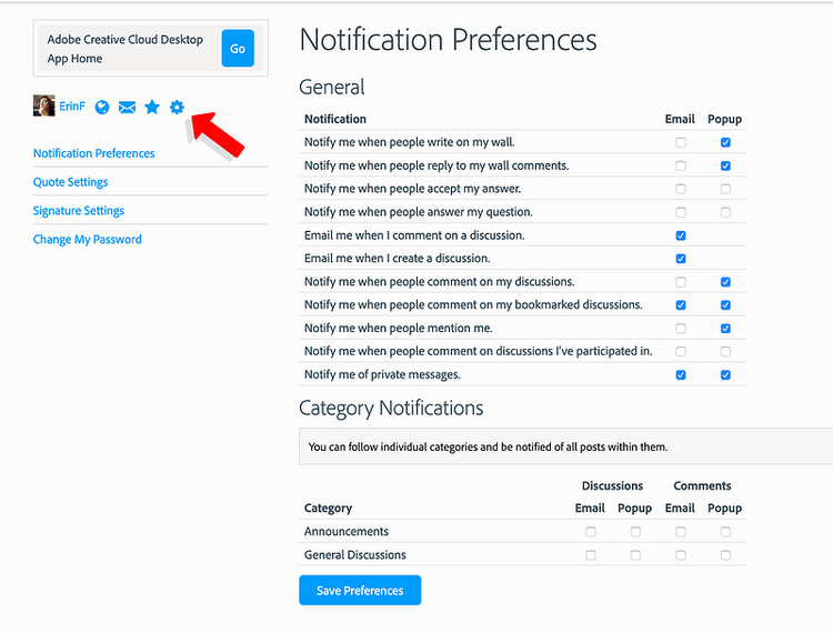 ︎Adjust your notification settings by clicking on the gear symbol.